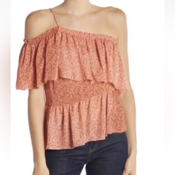 EUC Joie Jokinda 💯 Silk One Shoulder Ruffle Top Cinnamon Leaf Print Oversize XS - Picture 1 of 12